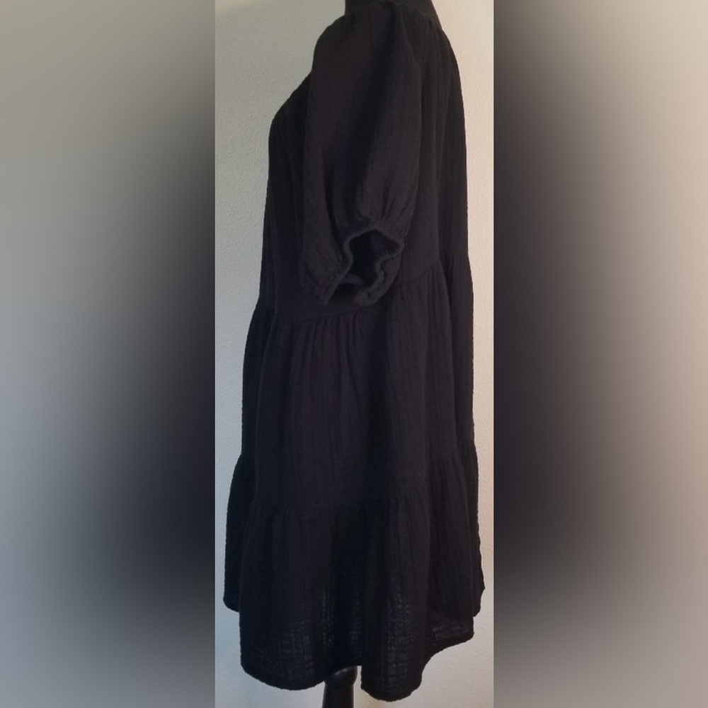 Preowned•Old Navy Black Puff Sleeve Gauze Tiered Peasant Dress•Size XL•2 Pocket - Picture 6 of 9